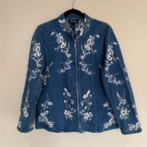 Denim&Co Blue Floral Embroidered Jean Zip-Up Jacket Sz Small
